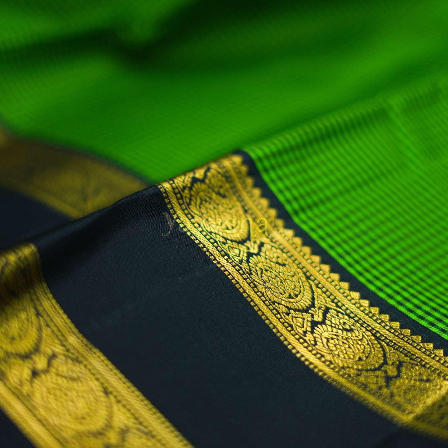Green Checkered Silk Saree with Classic Black Zari Border - Vibrance