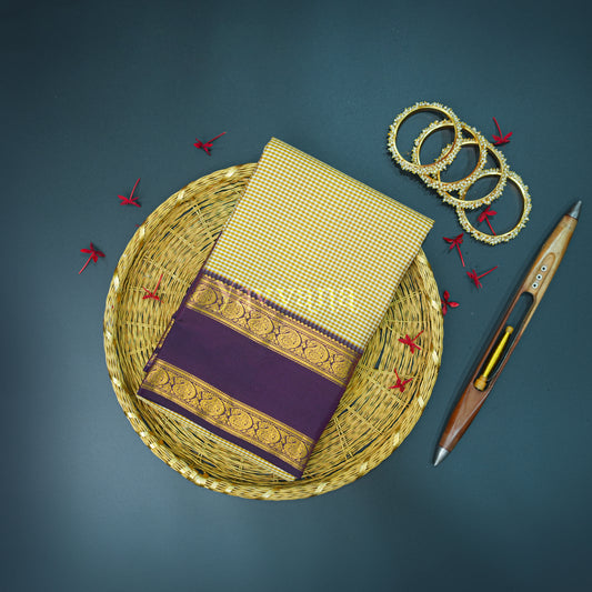 Traditional Beige Checked Saree with Violet border
