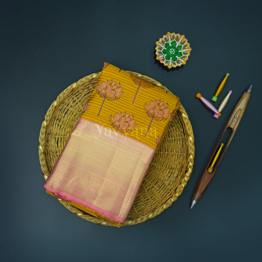 Mustard Yellow Lotus Motif Pure Silk Saree