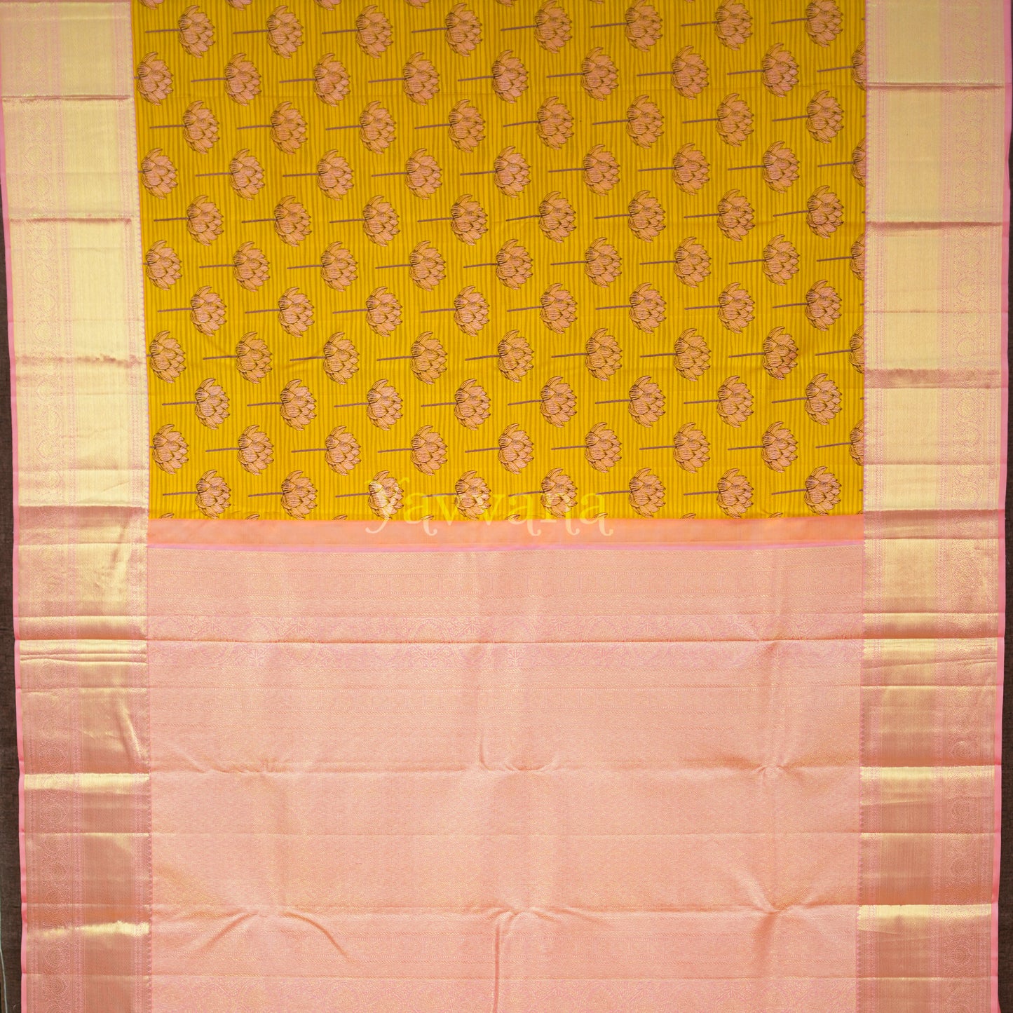 Mustard Yellow Lotus Motif Pure Silk Saree