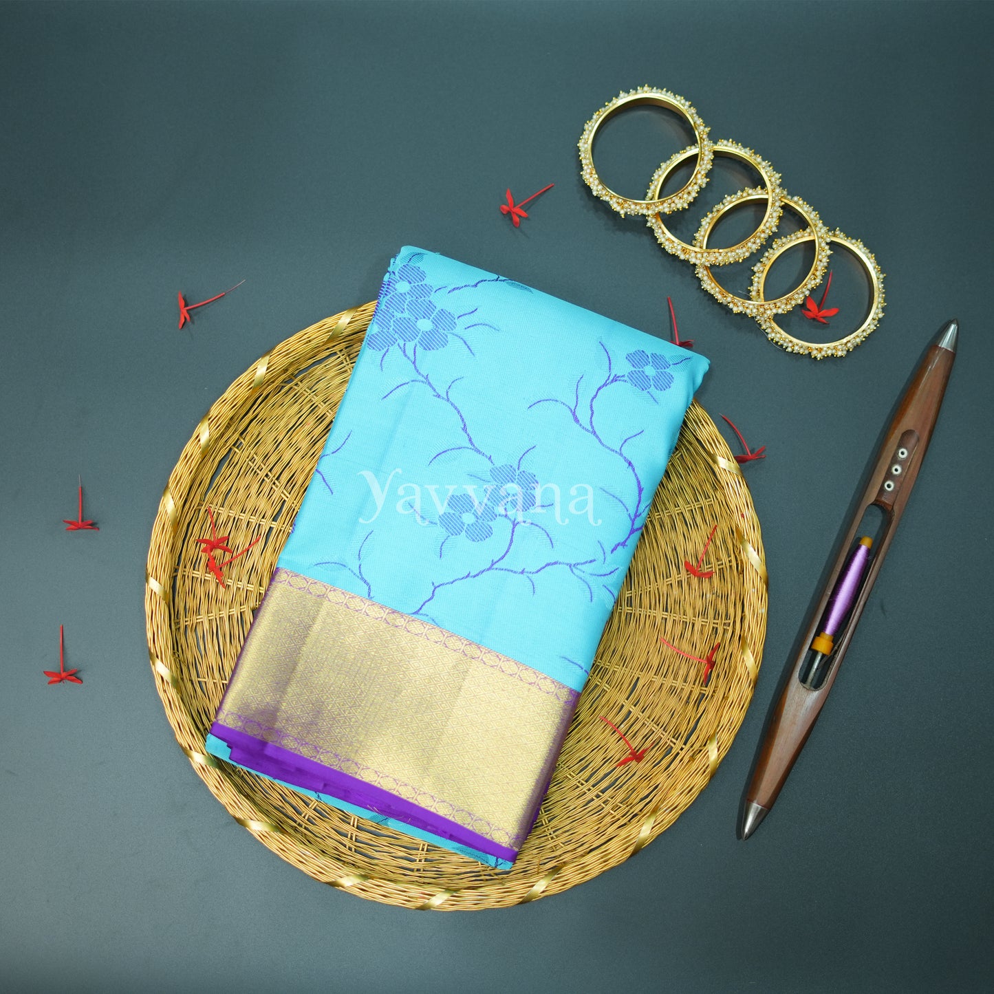 Floral Symphony silk saree in Sky Blue
