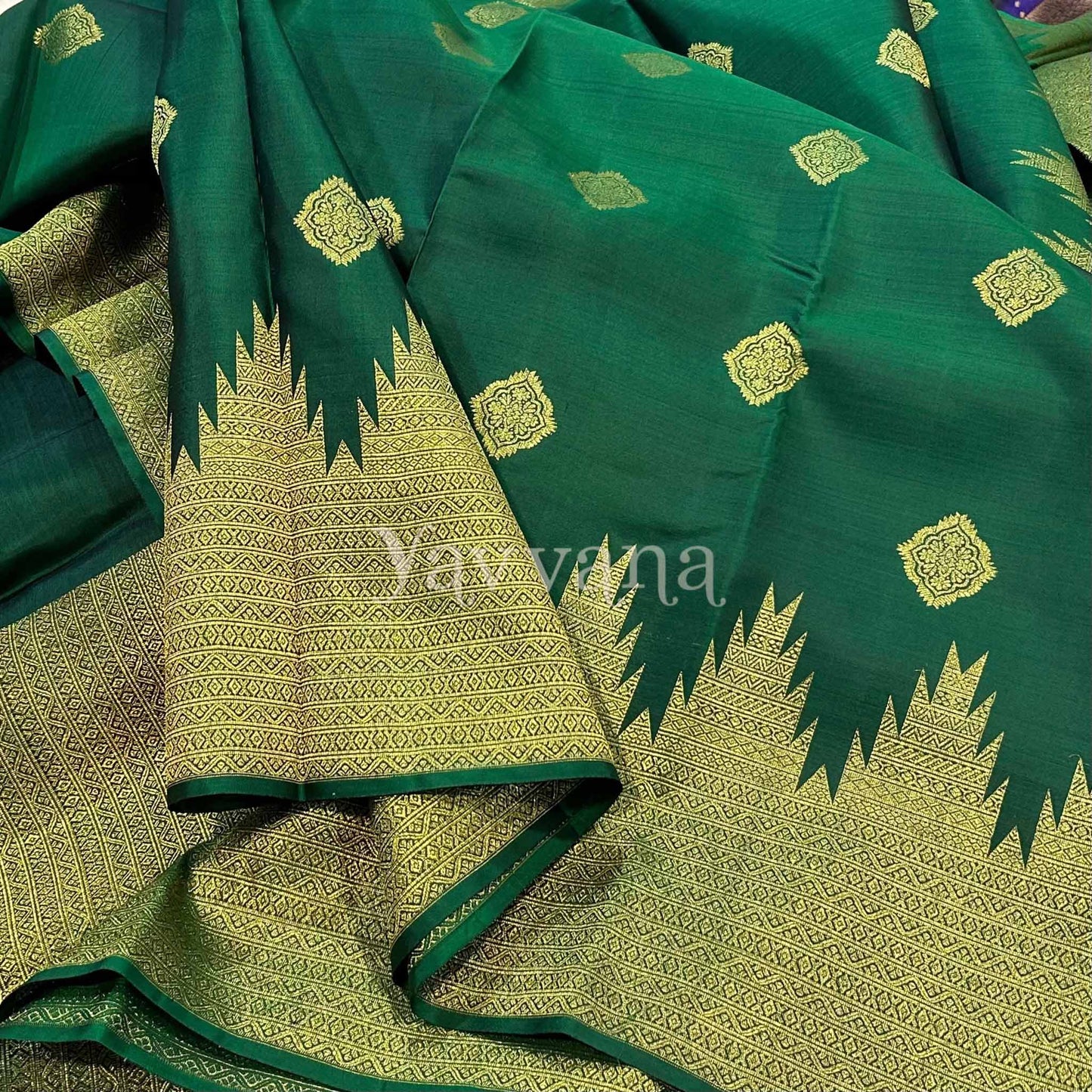Forest Green Pure Silk Saree with Intricate Temple border