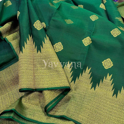 Forest Green Pure Silk Saree with Intricate Temple border