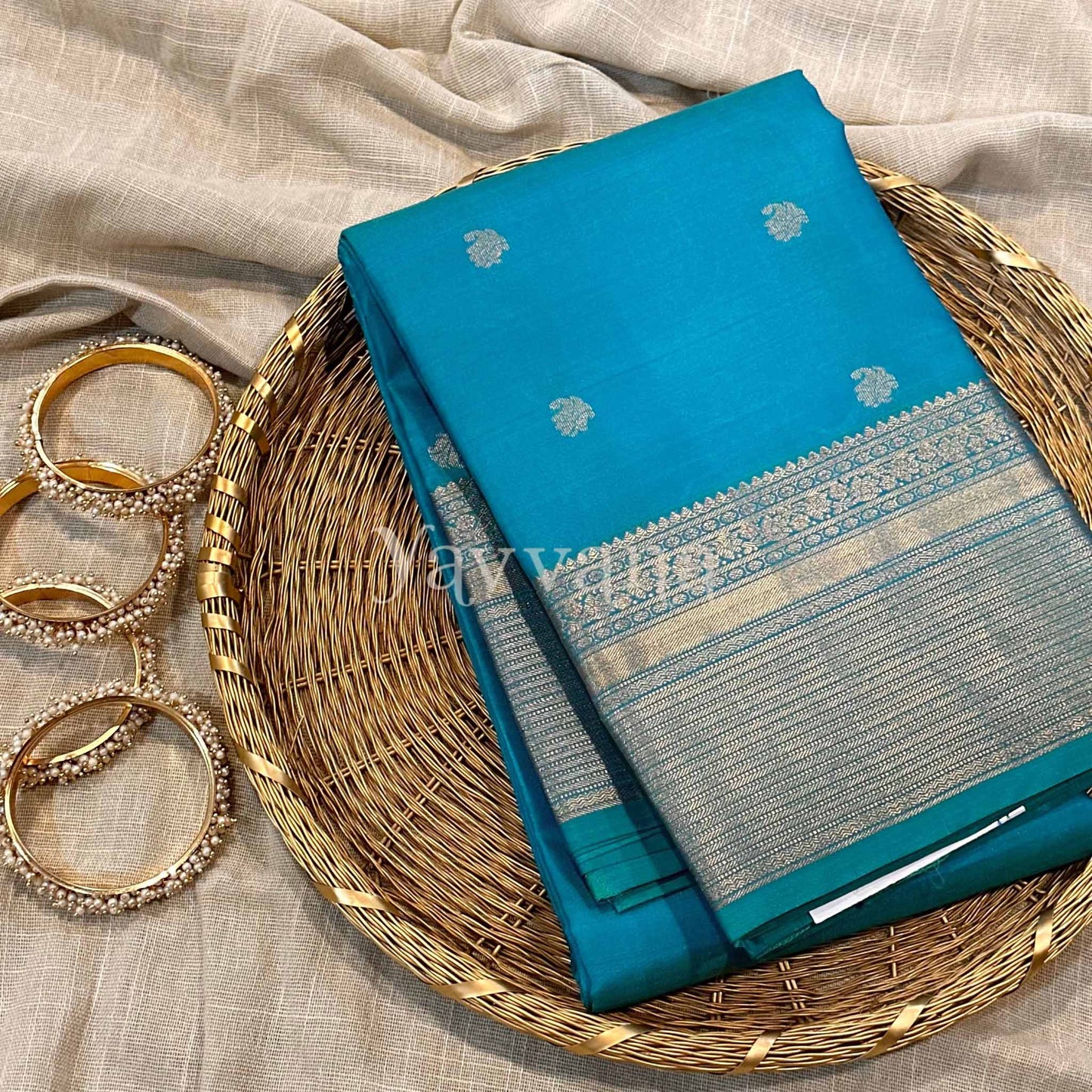 Cyan Blue Silk Saree with Zari work