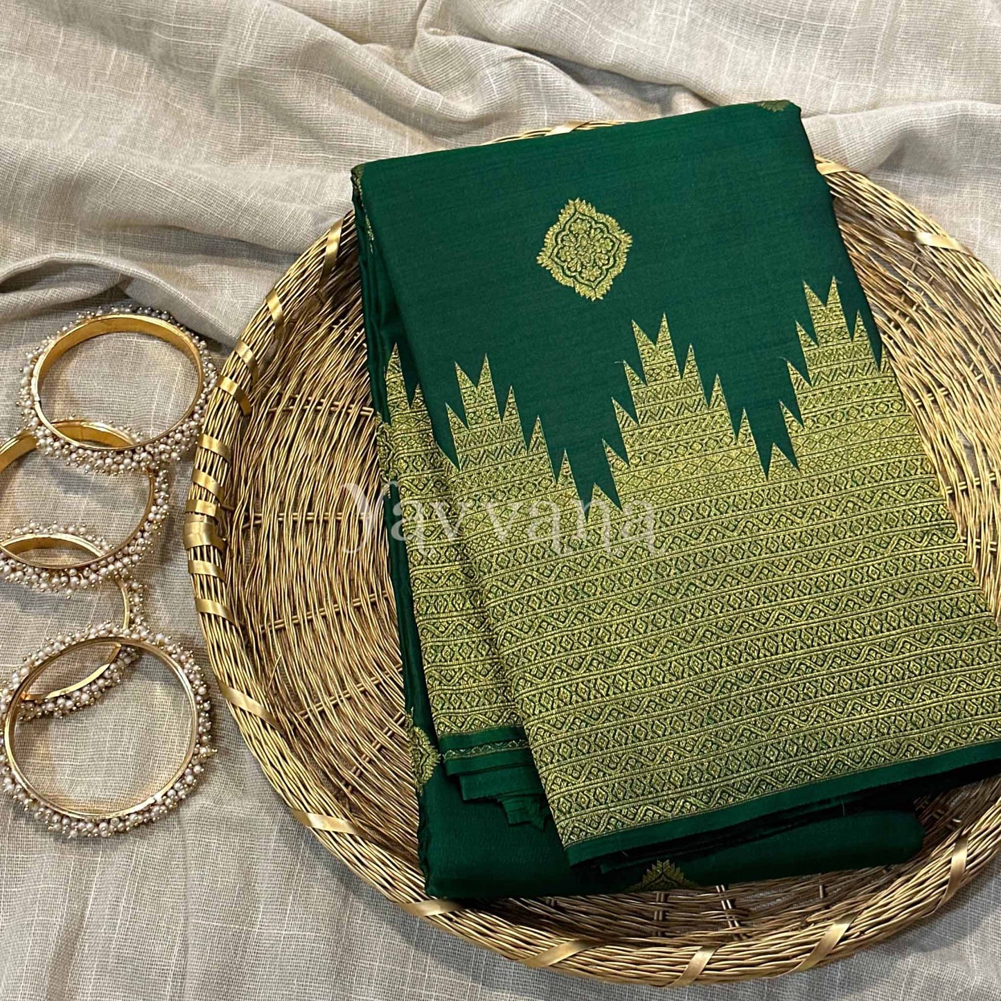 Forest Green Pure Silk Saree with Intricate Temple border