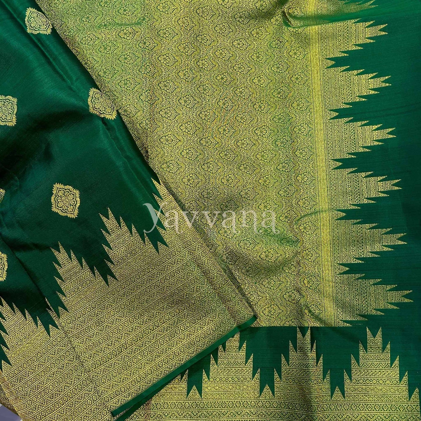 Forest Green Pure Silk Saree with Intricate Temple border