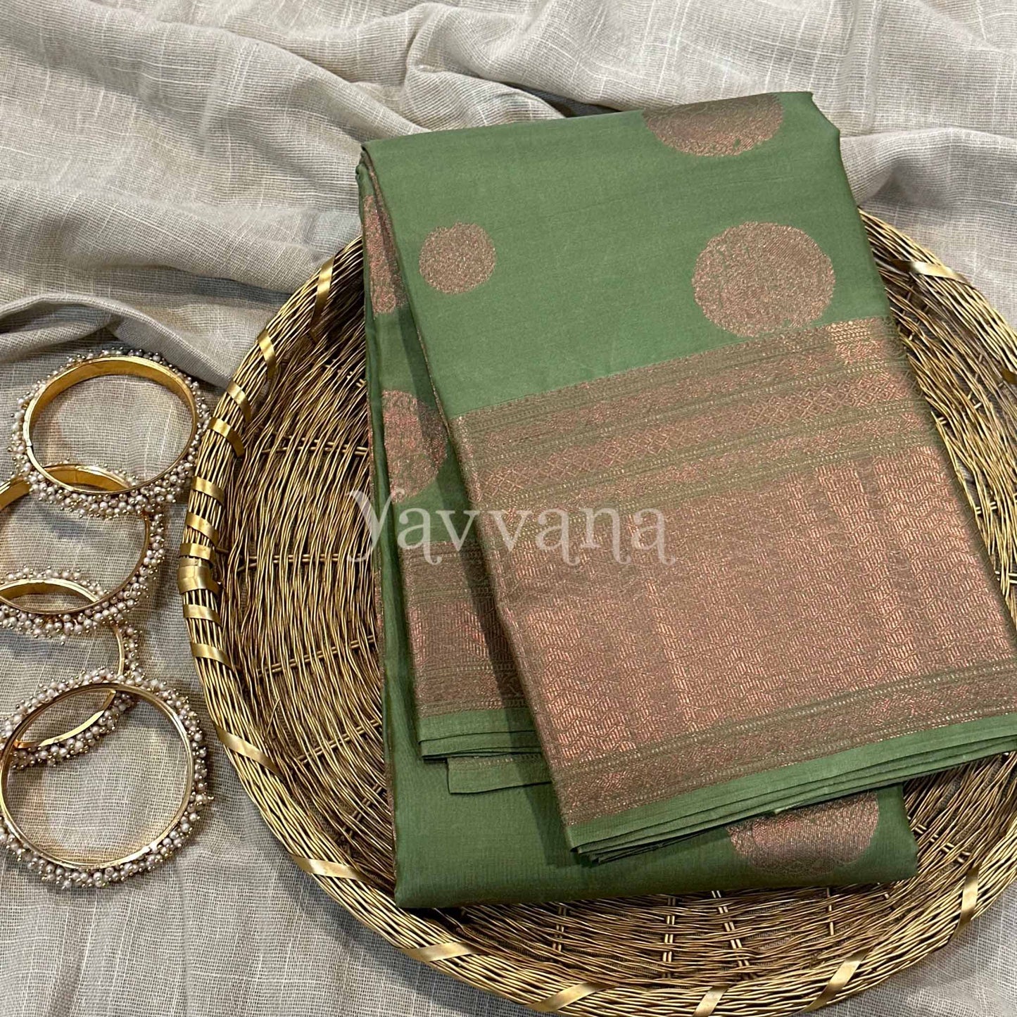 Olive Green Silk Saree with Zari work