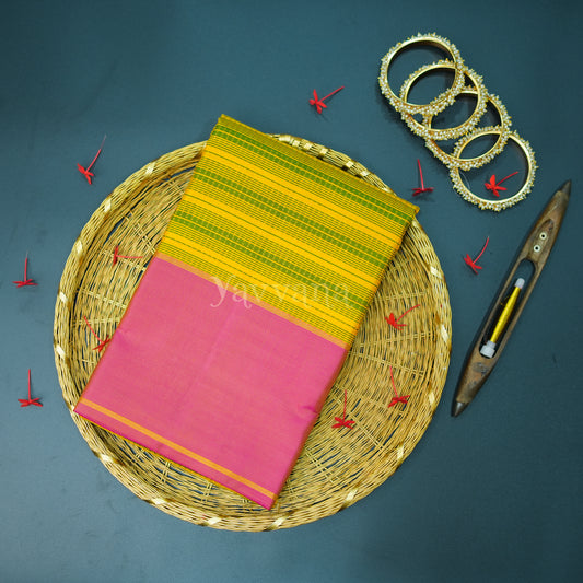 Yellow and Pink Silk Saree with Intricate Stripes